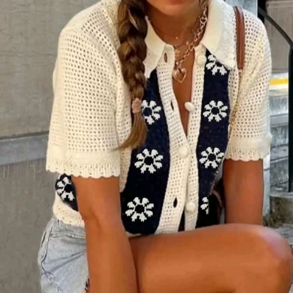 Women's Floral Print Hollow Out Single Breasted Short Sleeve Cardigan - Picture 4 of 6